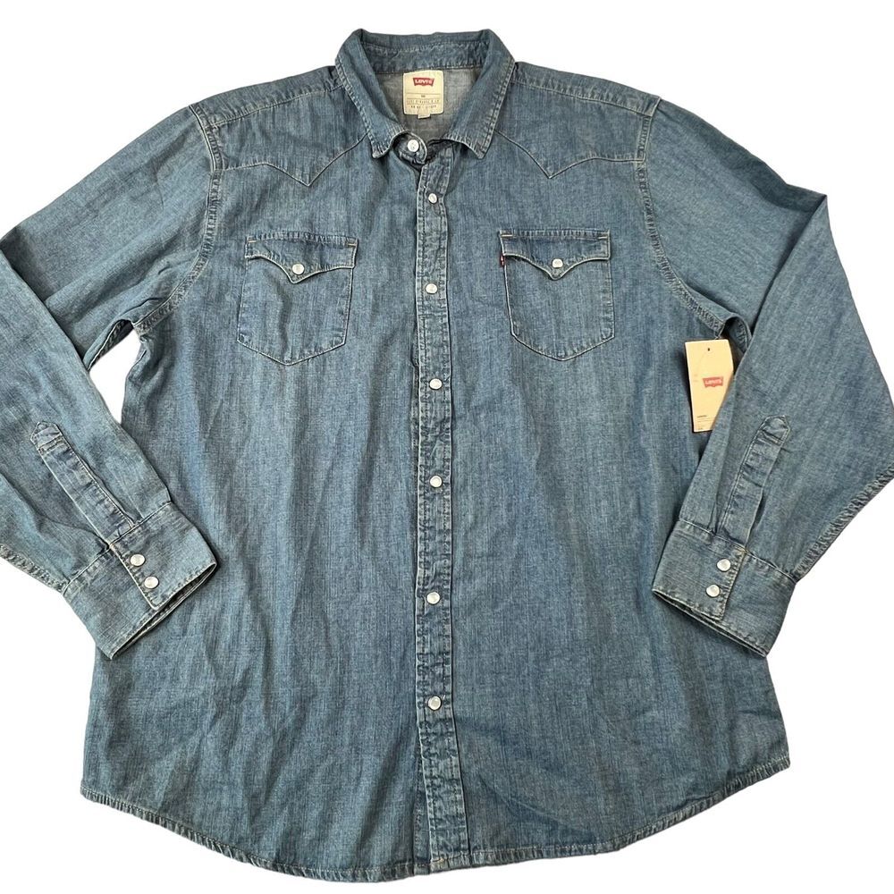 Levis Mens Shirt Size 2XL XXL Pearl Snap Denim‎ Blue Western Country Long Sleeve
